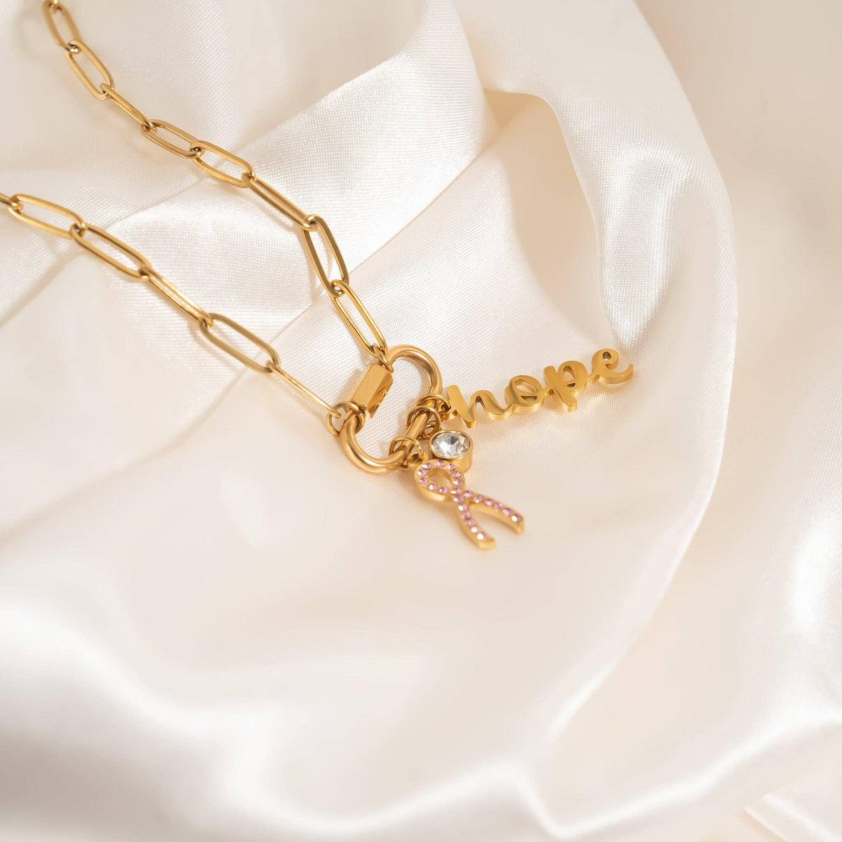 Breast Cancer Awareness Carabiner Hope Charm Necklace: Gold