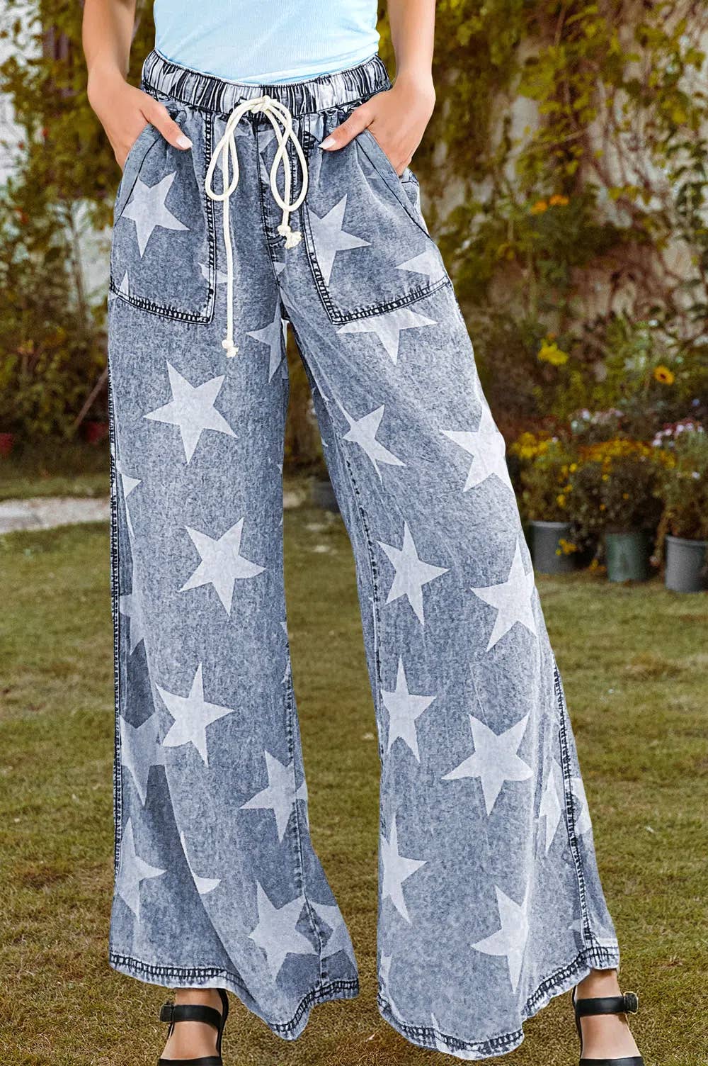 Star Light Wash Drawstring Wide Leg Jeans