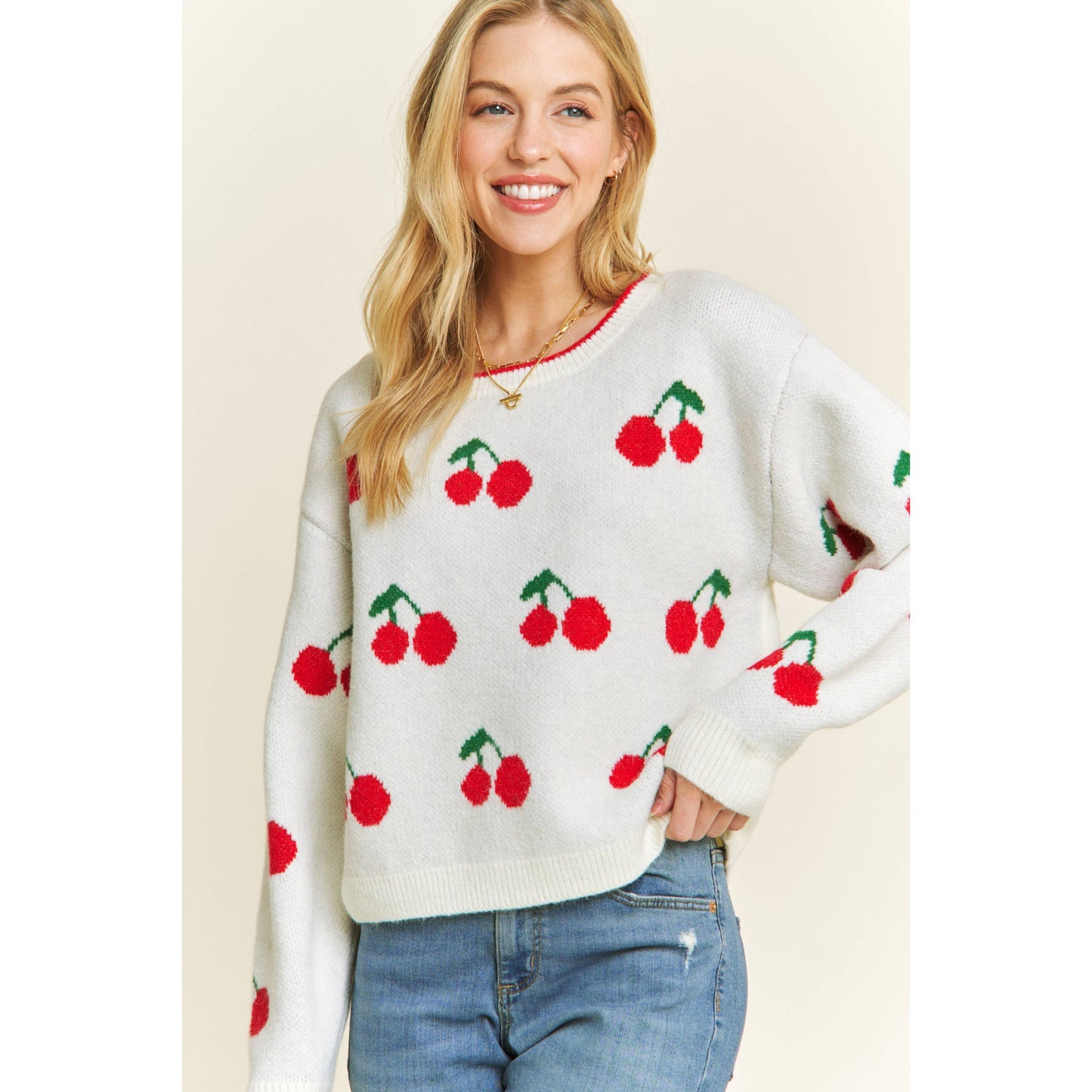 CUTE CHERRY JACQUARD CASUAL PULLOVER SWEATER