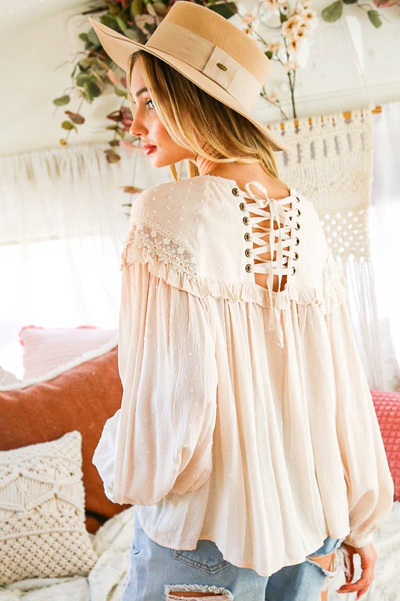Lace Back Swiss Dot Patterned Blouse