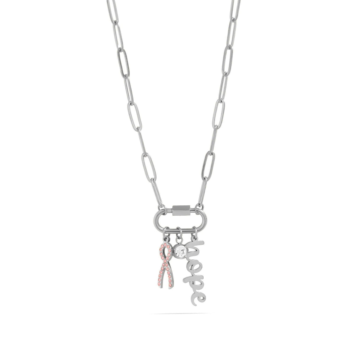 Breast Cancer Awareness Carabiner Hope Charm Necklace: Gold