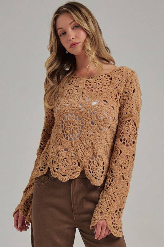 Chenille Yarn Knitted Fall Sweater Camel