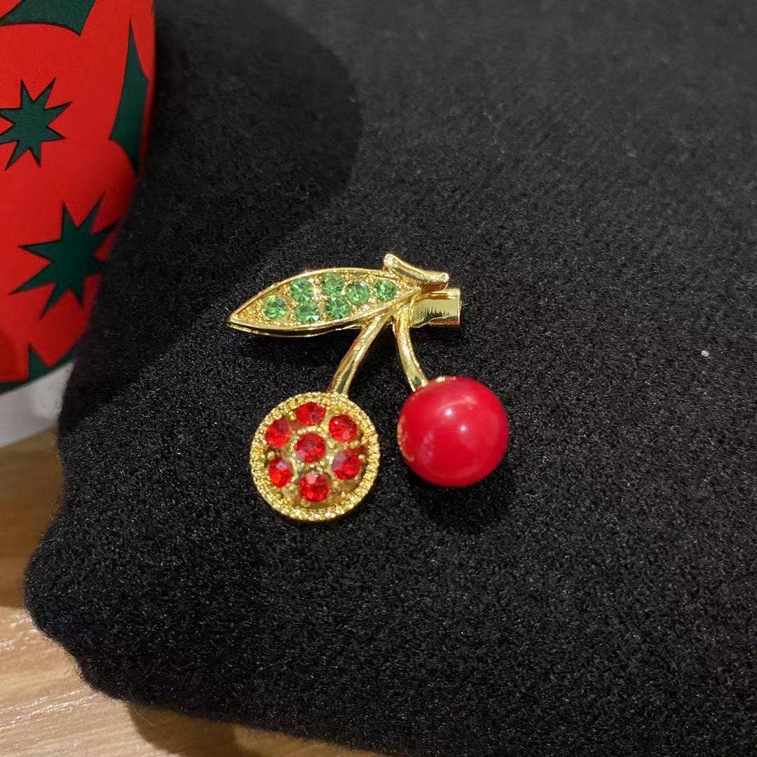 Rhinestone Cherry Brooch