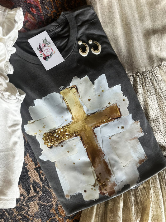 Faux Painted Gold Cross Tee