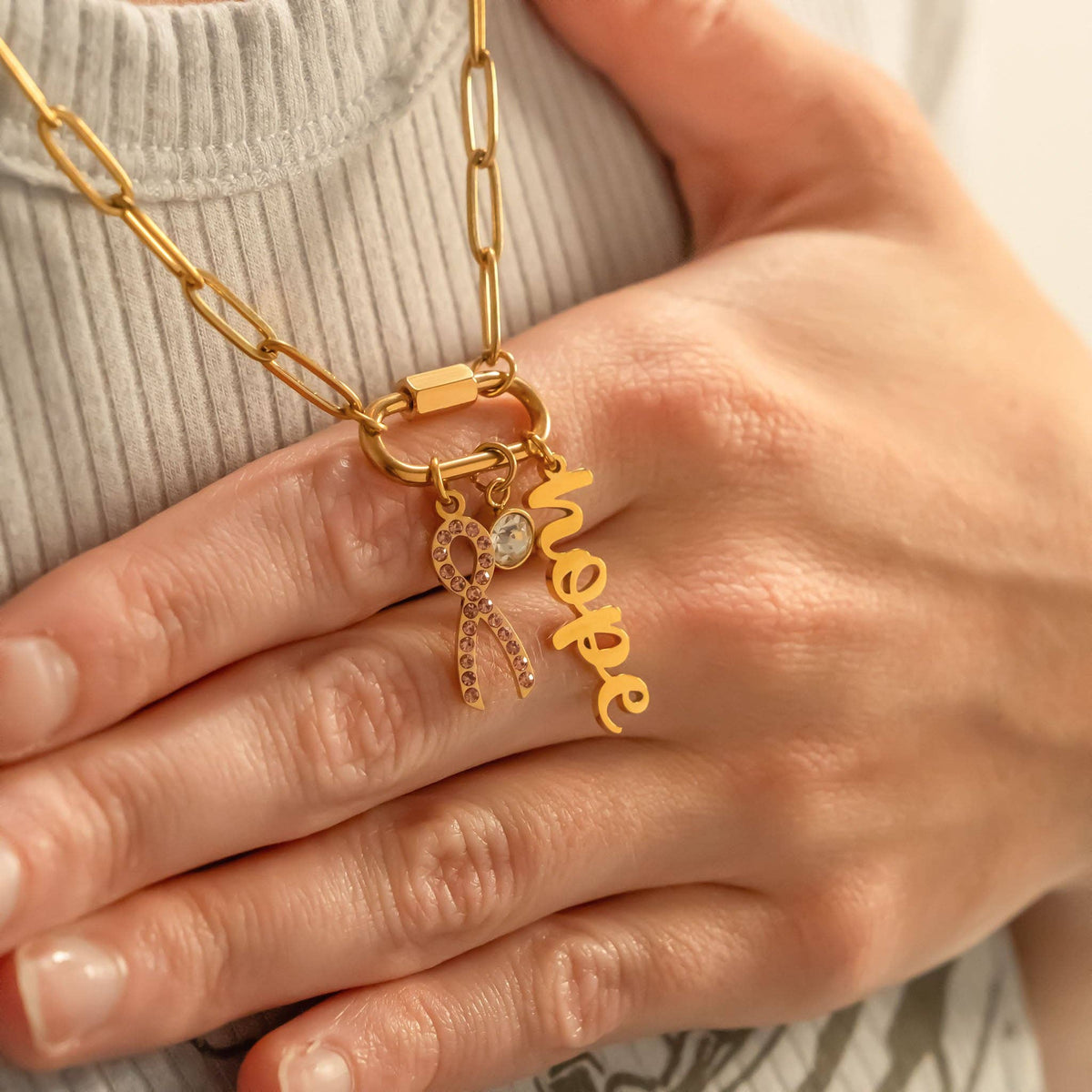 Breast Cancer Awareness Carabiner Hope Charm Necklace: Gold