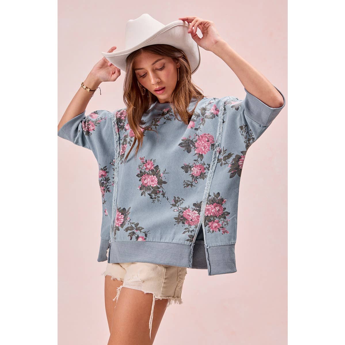 Floral Denim Open Seam Top