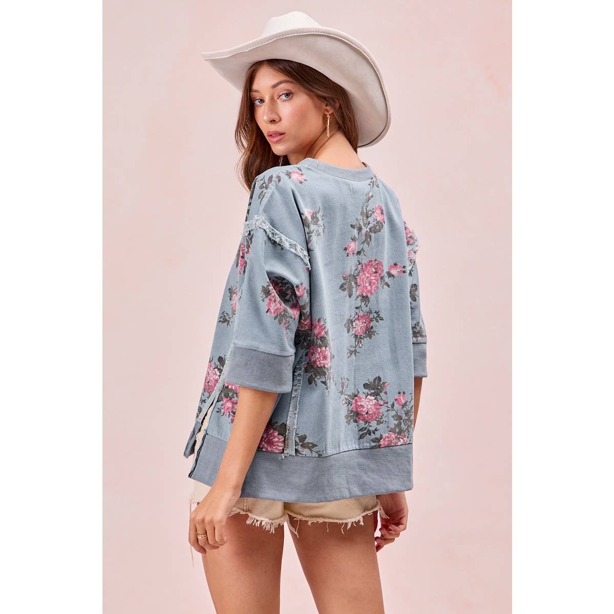 Floral Denim Open Seam Top