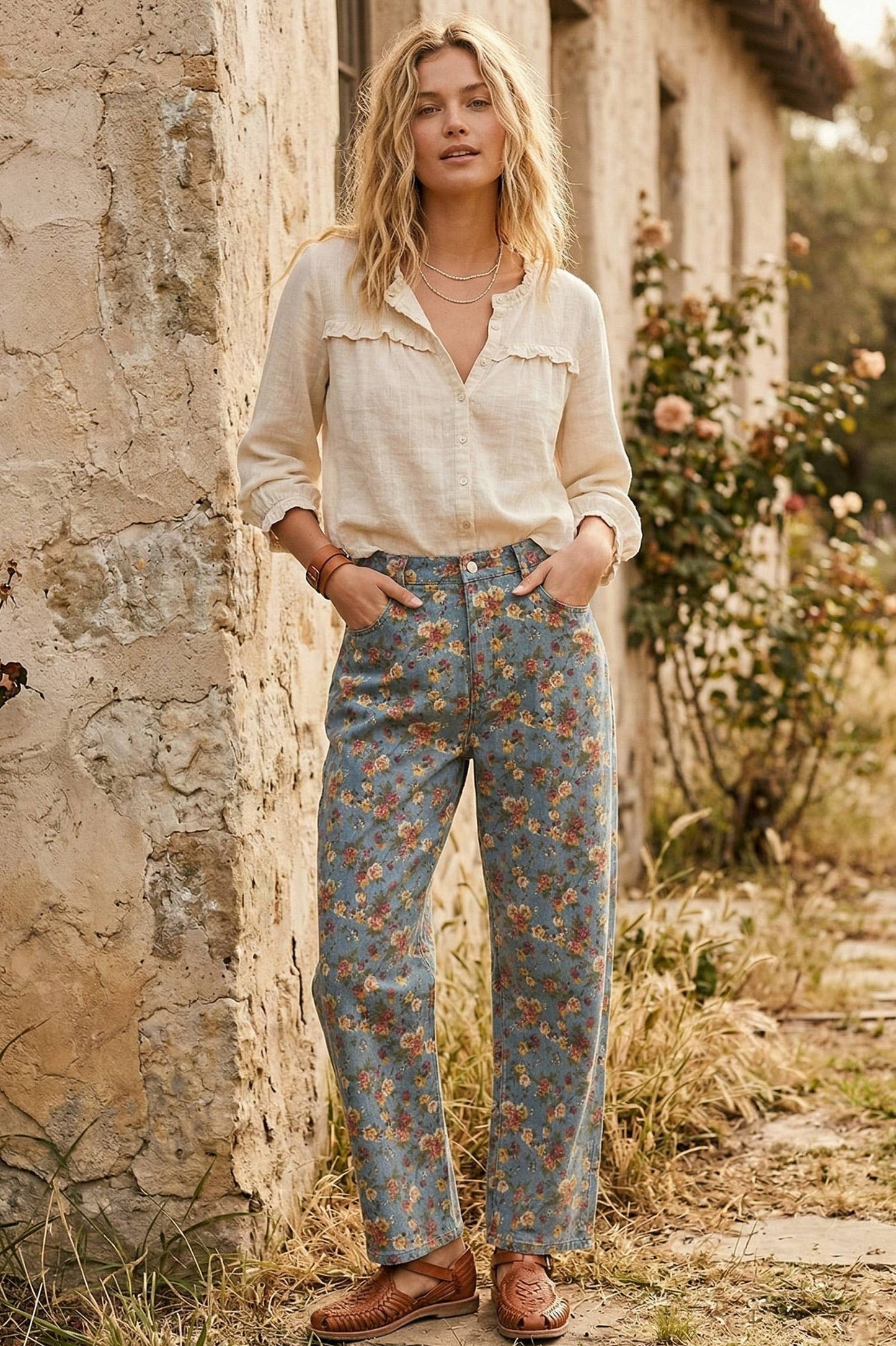Mineral Washed Floral Denim Barrel Pants