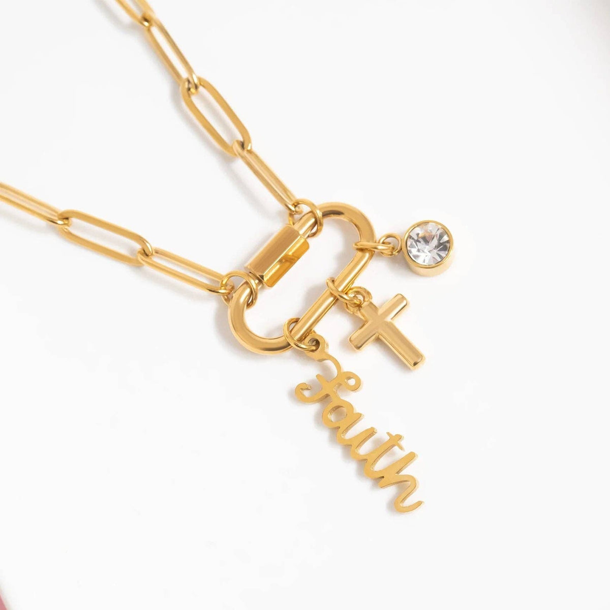 18K Gold PVD Stainless Steel Cross Carabiner Charm Necklace: Gold