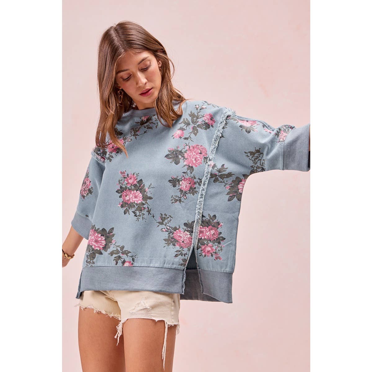 Floral Denim Open Seam Top