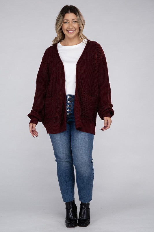 Curvy Low Gauge Waffle Open Cardigan Sweater