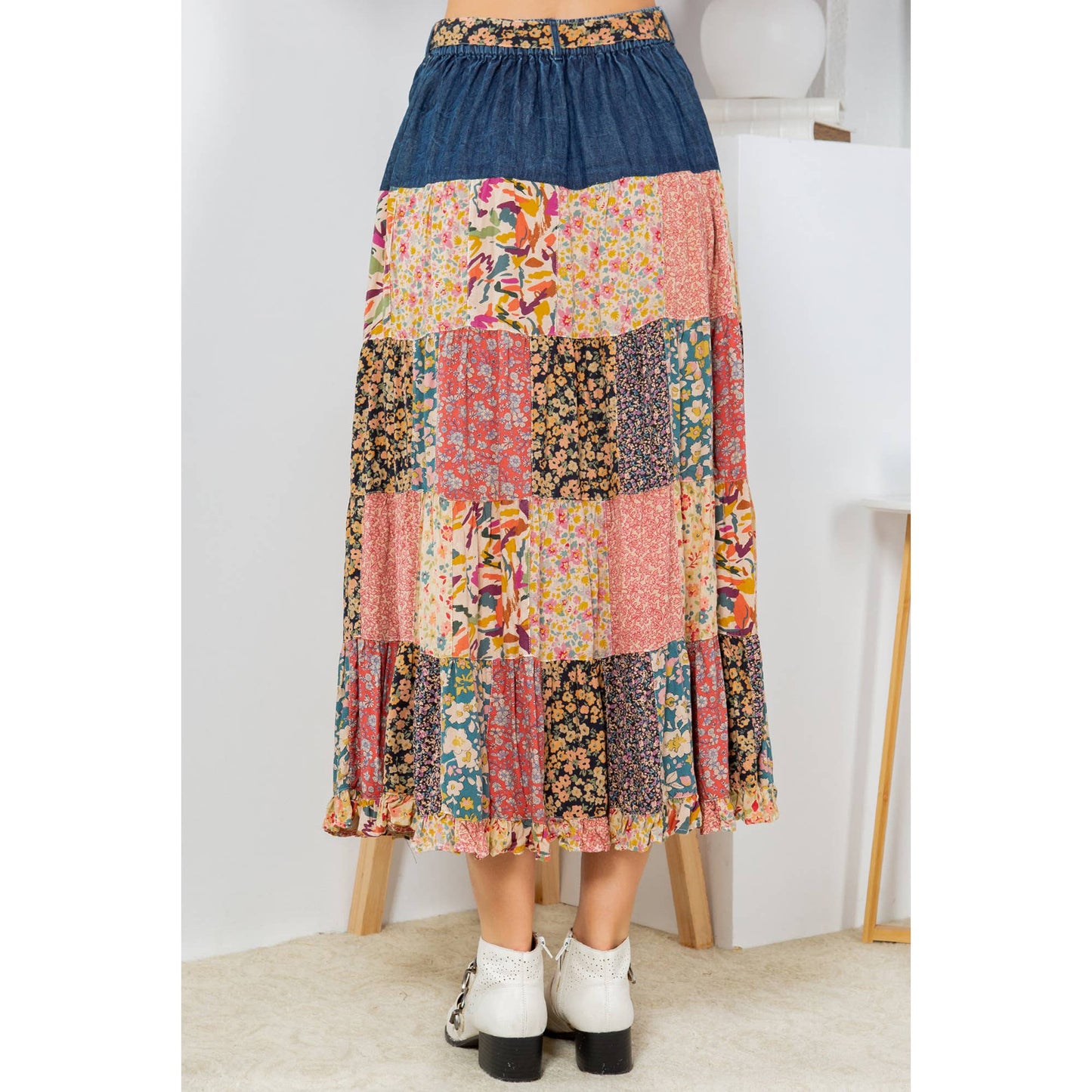 Patchwork Serenade Overdyed Long Skirt With Tiered Denim