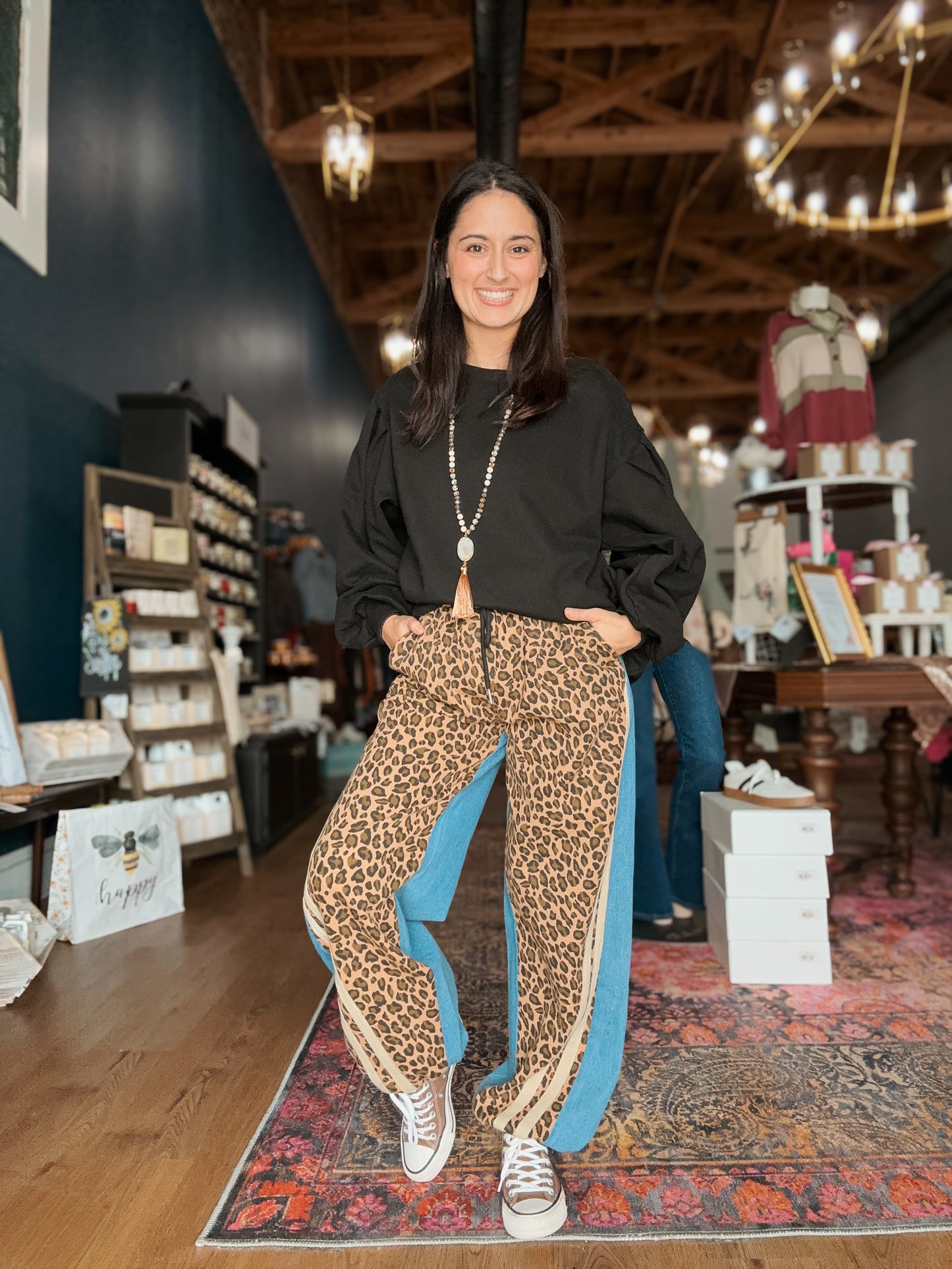 Washed Leopard Drawstring Jeans