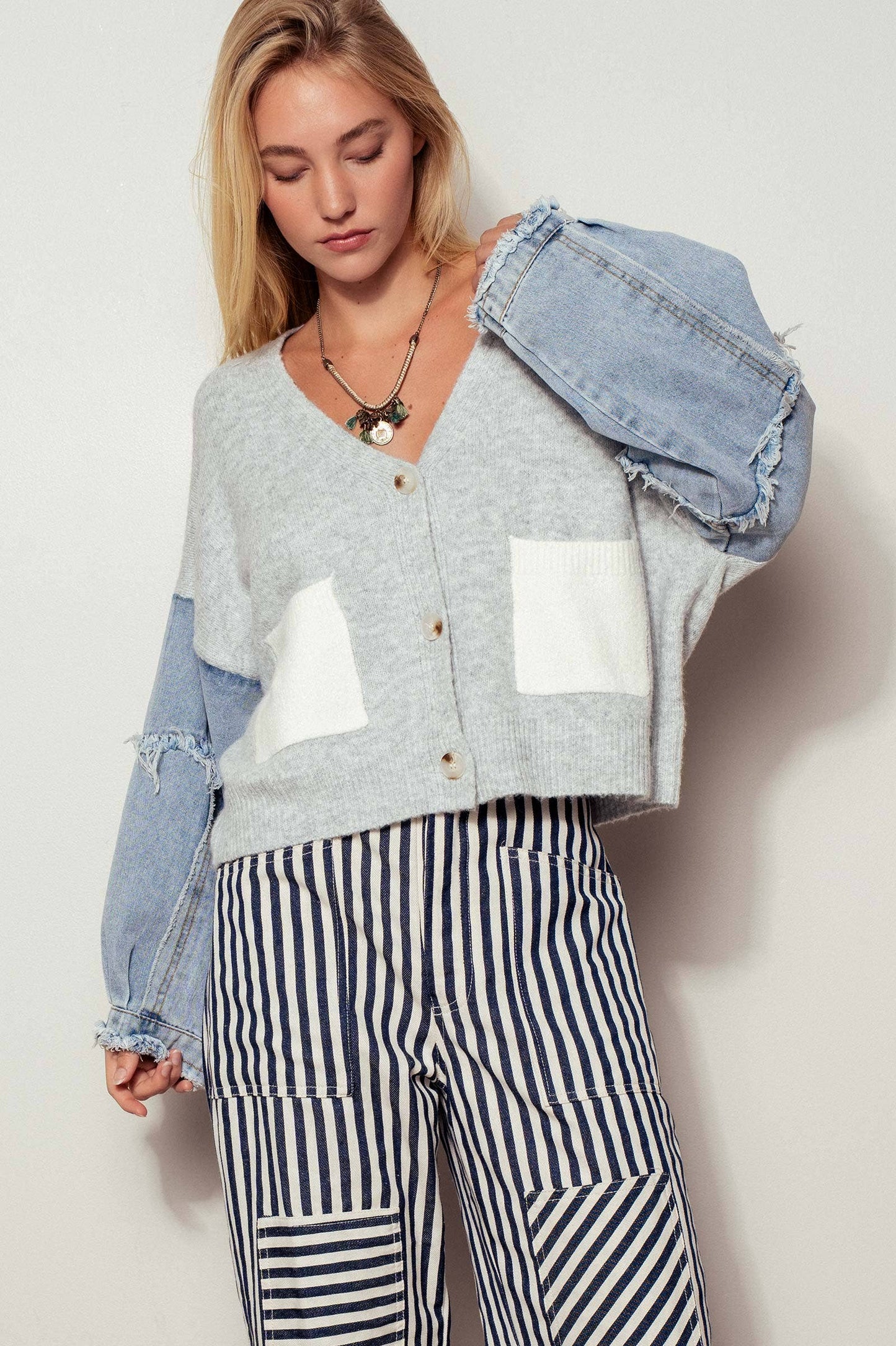 Denim Sleeve Knit Cardigan Casual Sweater Top