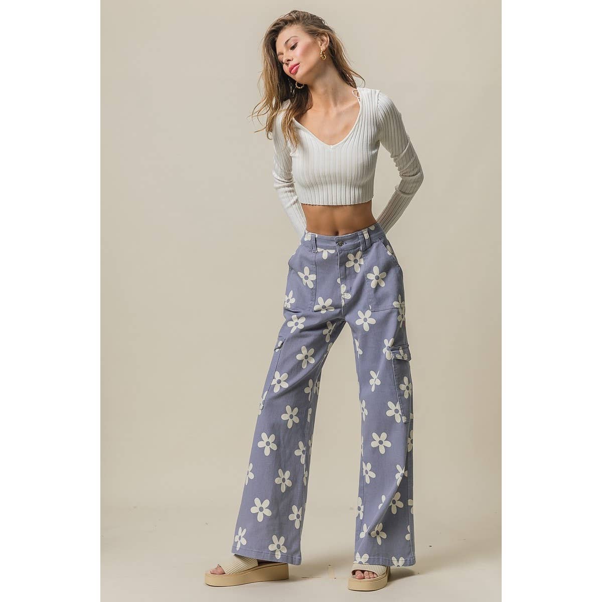 Dusty Lavender Floral Wide Leg Cargo Pants