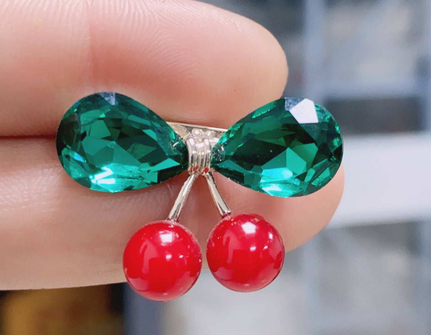 Rhinestone Cherry Brooch