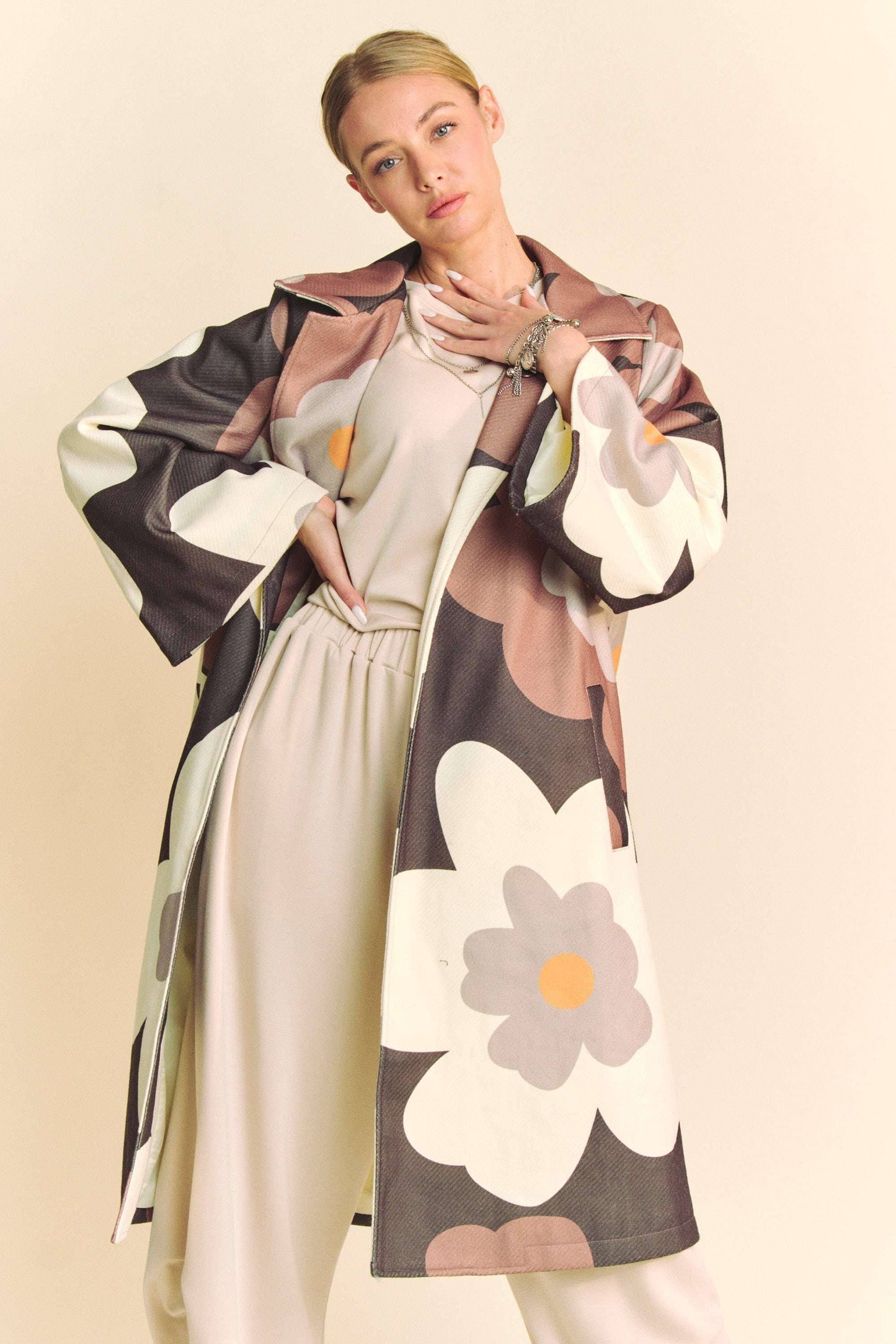 Bold Retro Floral Open Front Over Coat