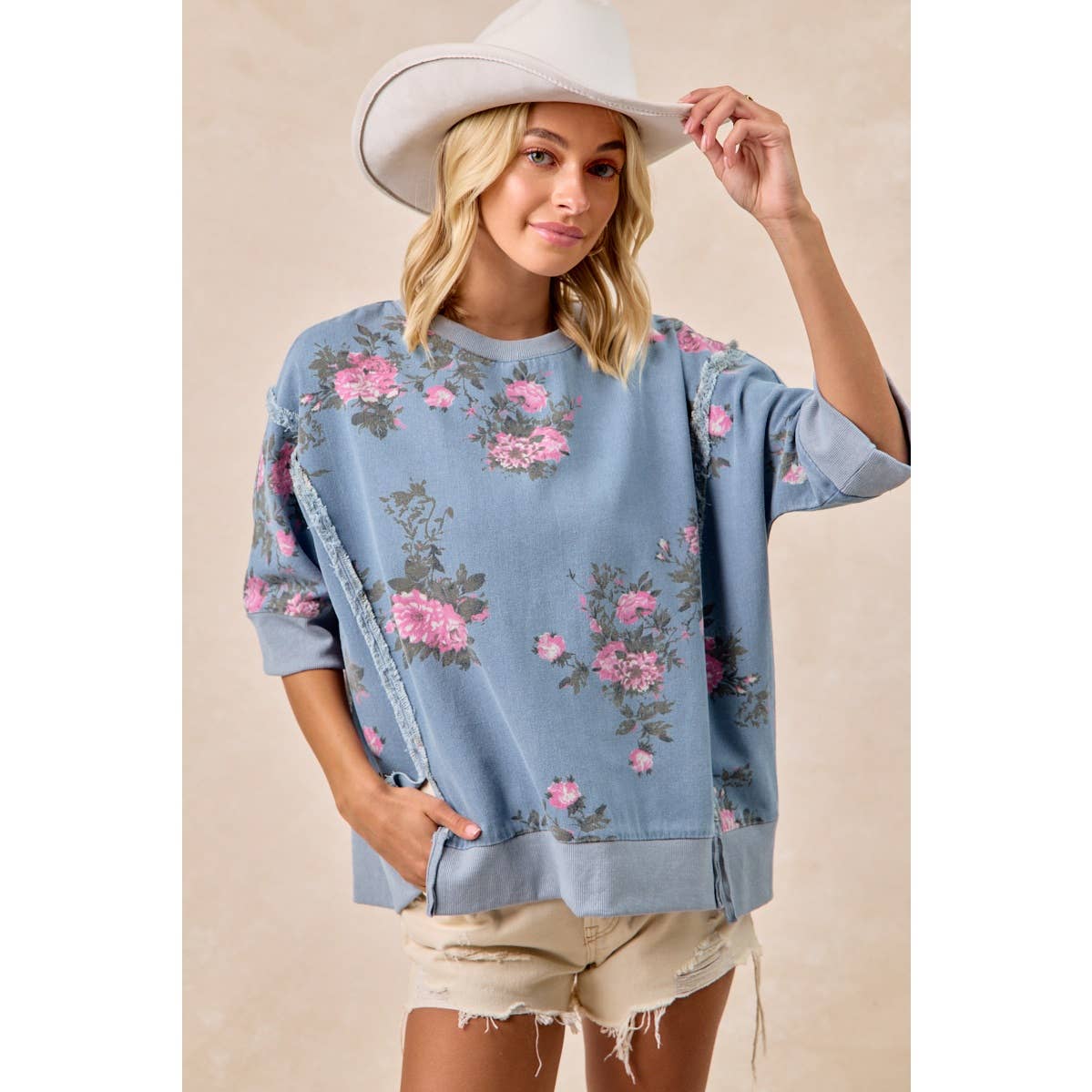 Floral Denim Open Seam Top