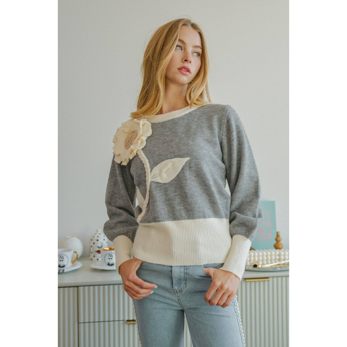 Grey Wildflower Applique Sweater