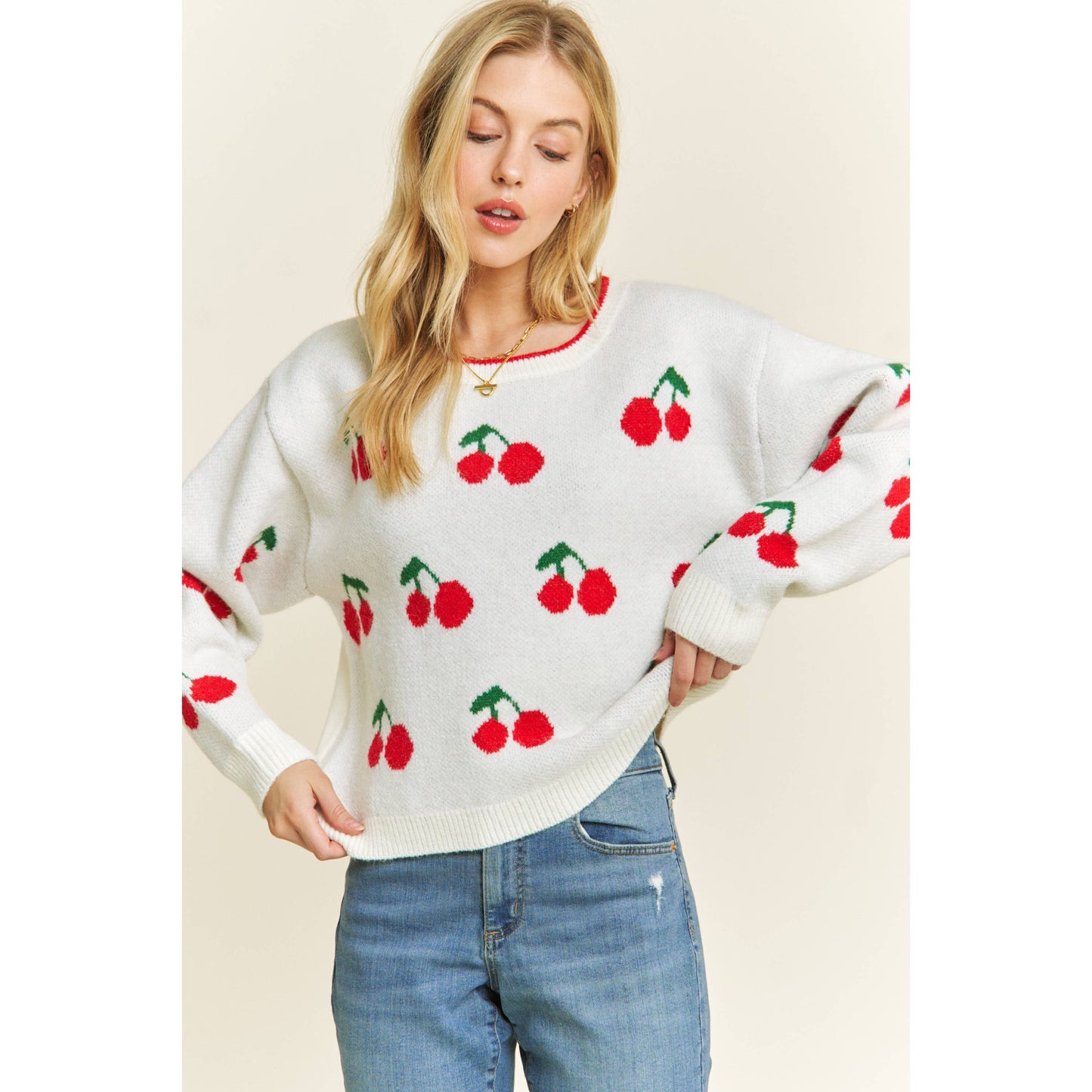 CUTE CHERRY JACQUARD CASUAL PULLOVER SWEATER