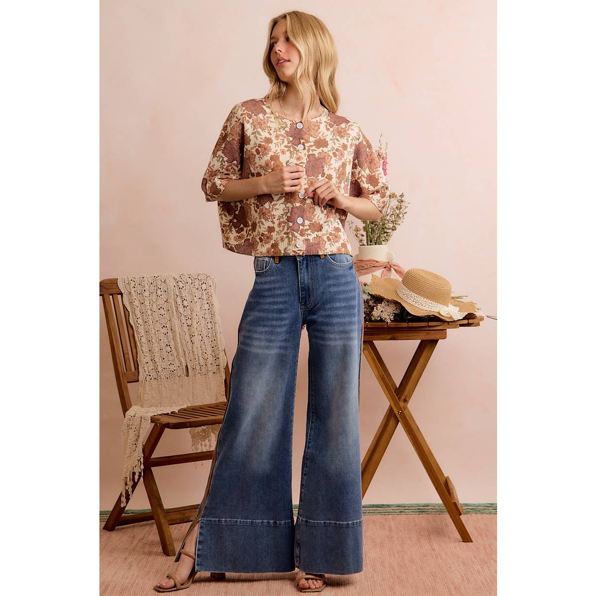 WIDE LEG FLARE WASHED DENIM JEANS WITH SIDE SEAM: DENIM / S