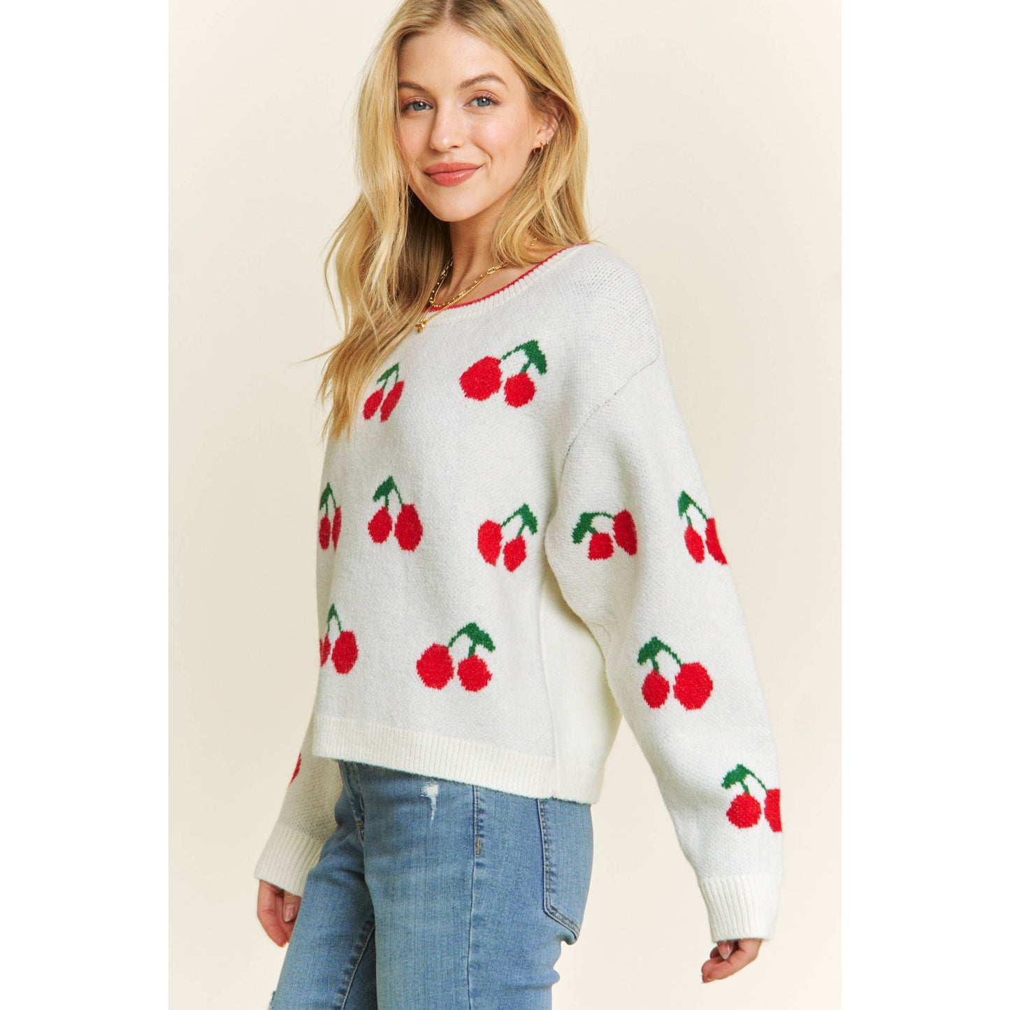 CUTE CHERRY JACQUARD CASUAL PULLOVER SWEATER