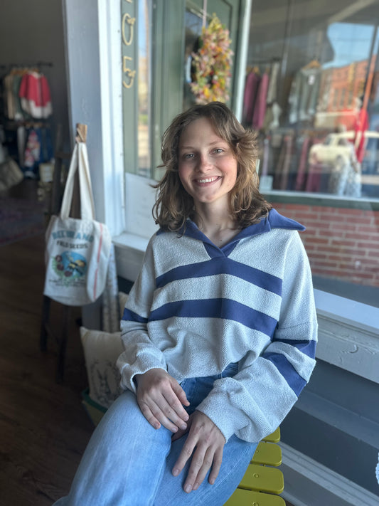 French Terry Stripe Collared Blouse