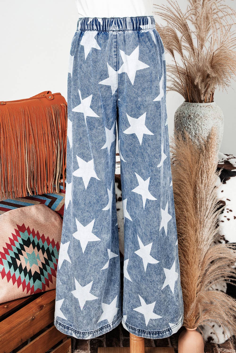 Star Light Wash Drawstring Wide Leg Jeans