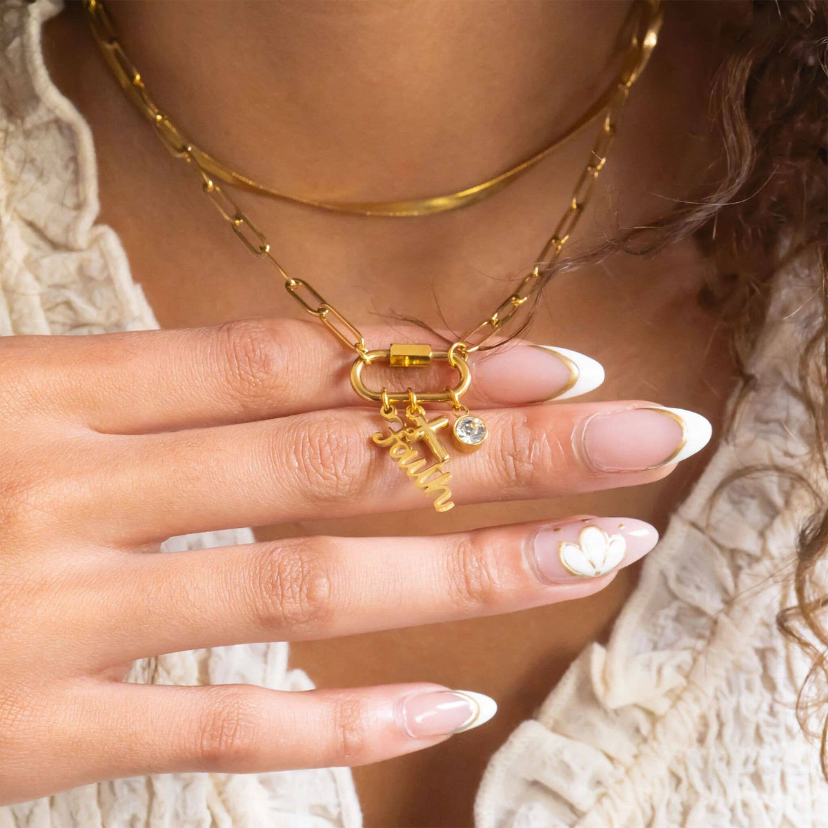 18K Gold PVD Stainless Steel Cross Carabiner Charm Necklace: Gold