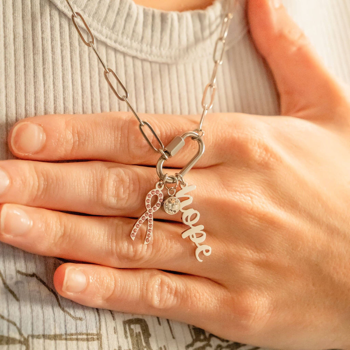 Breast Cancer Awareness Carabiner Hope Charm Necklace: Gold