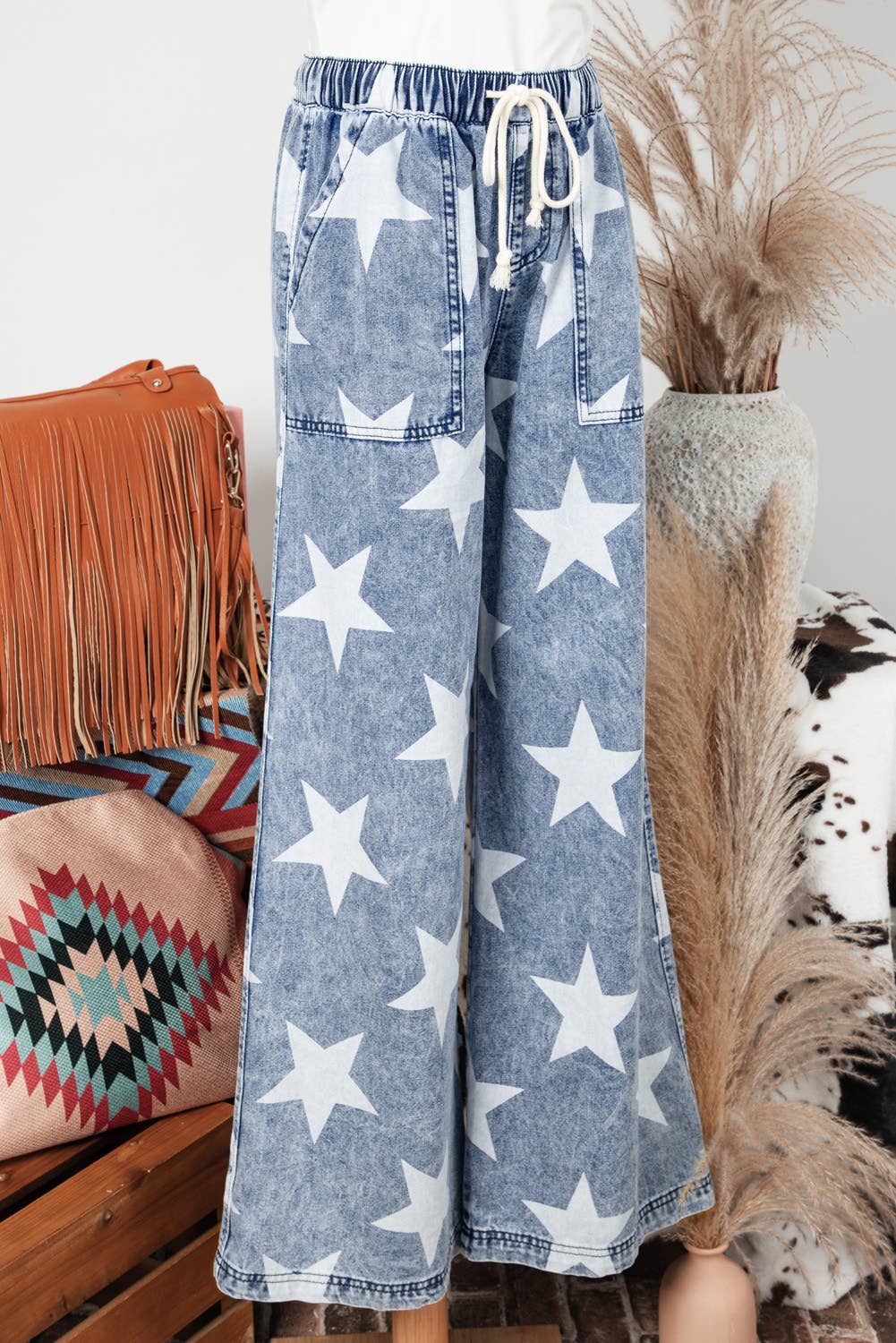 Star Light Wash Drawstring Wide Leg Jeans
