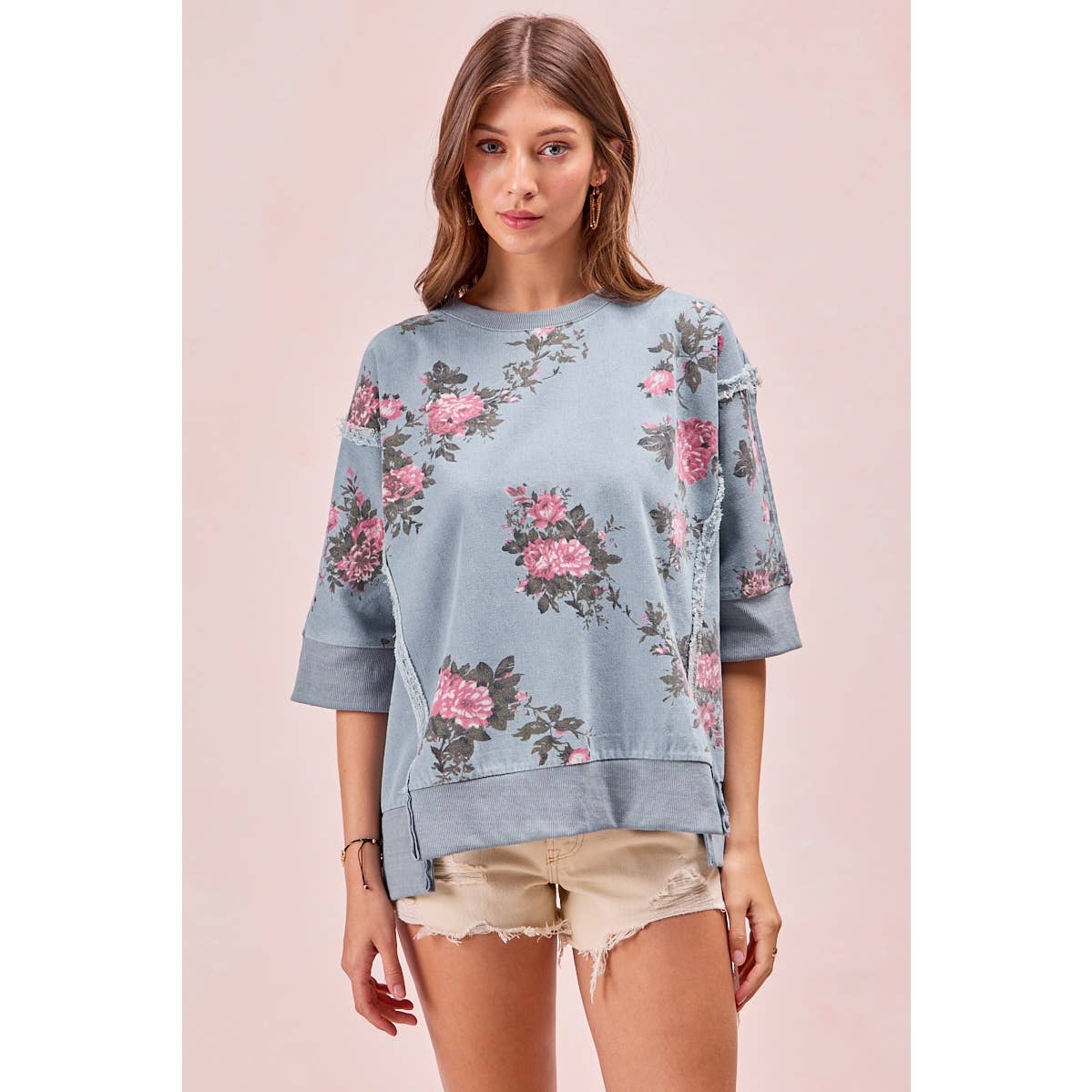 Floral Denim Open Seam Top