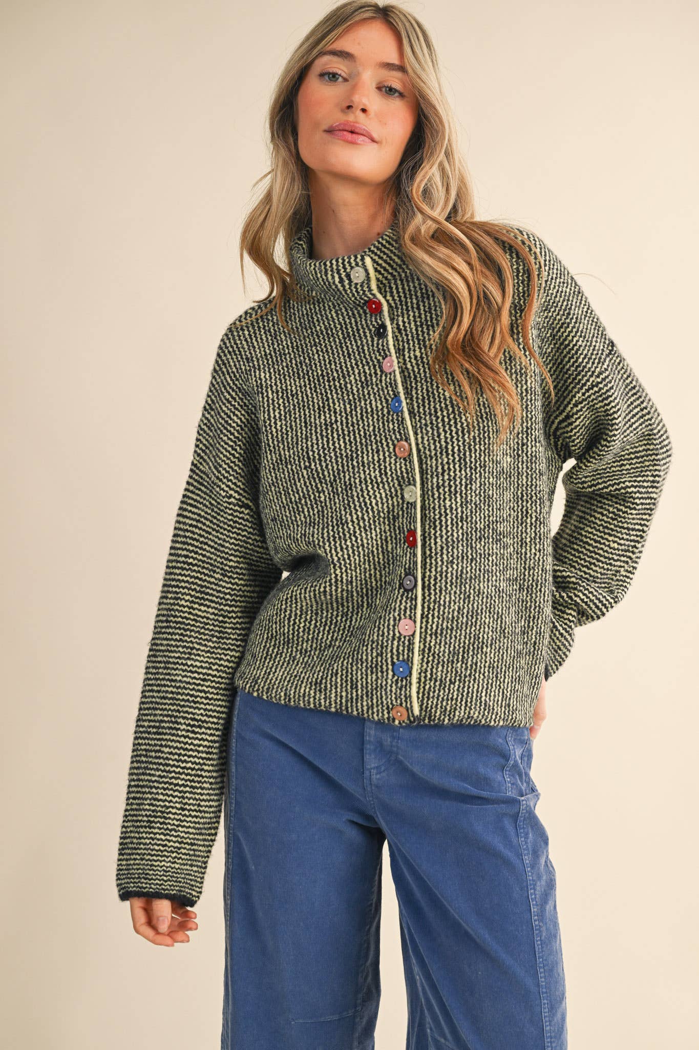 Green Striped Knit Cardigan