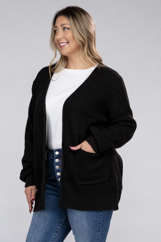 Curvy Low Gauge Waffle Open Cardigan Sweater