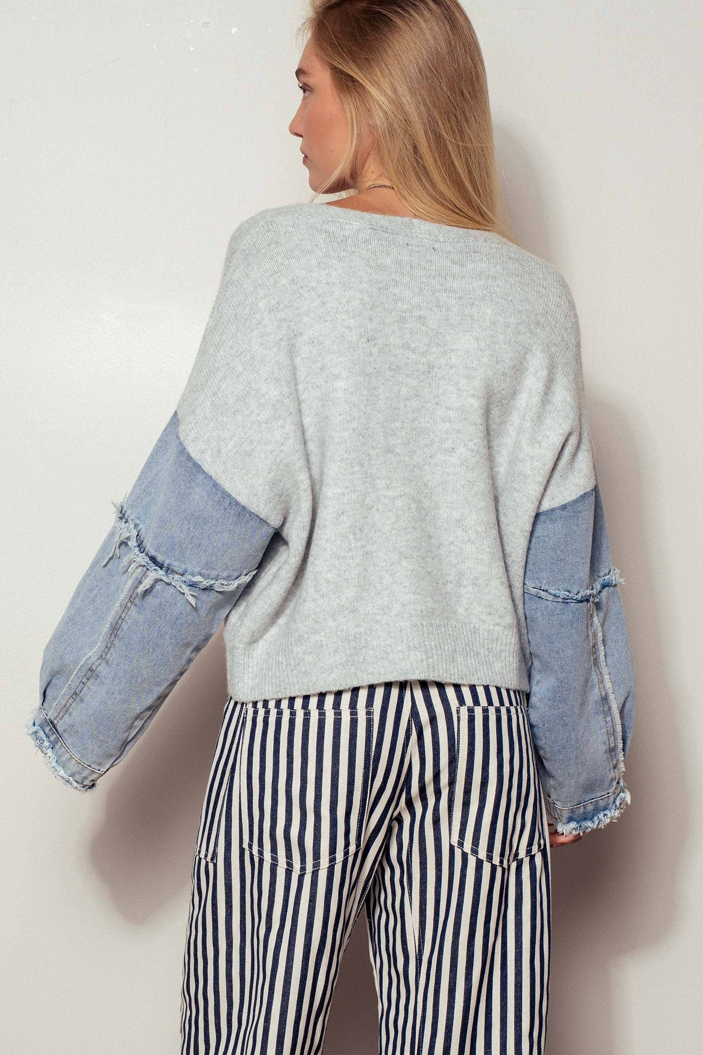 Denim Sleeve Knit Cardigan Casual Sweater Top