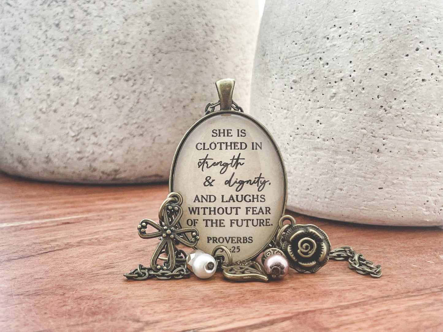Proverbs 31:25 Glass Pendant Necklace