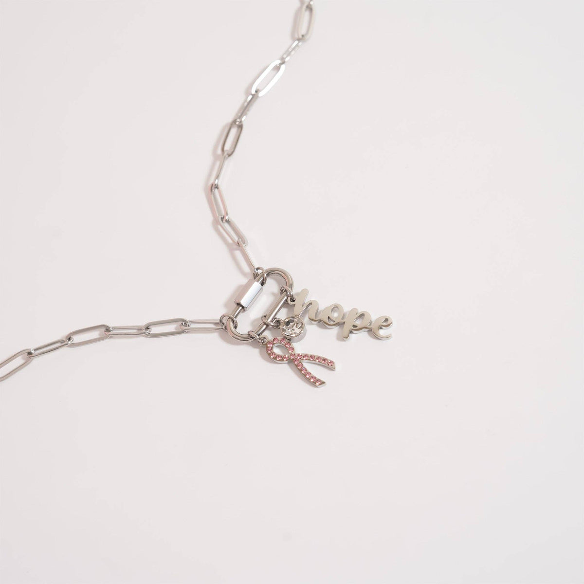 Breast Cancer Awareness Carabiner Hope Charm Necklace: Gold