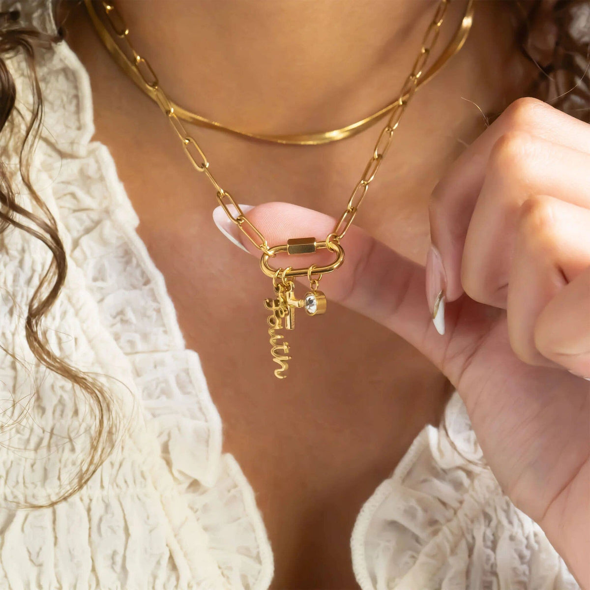 18K Gold PVD Stainless Steel Cross Carabiner Charm Necklace: Gold