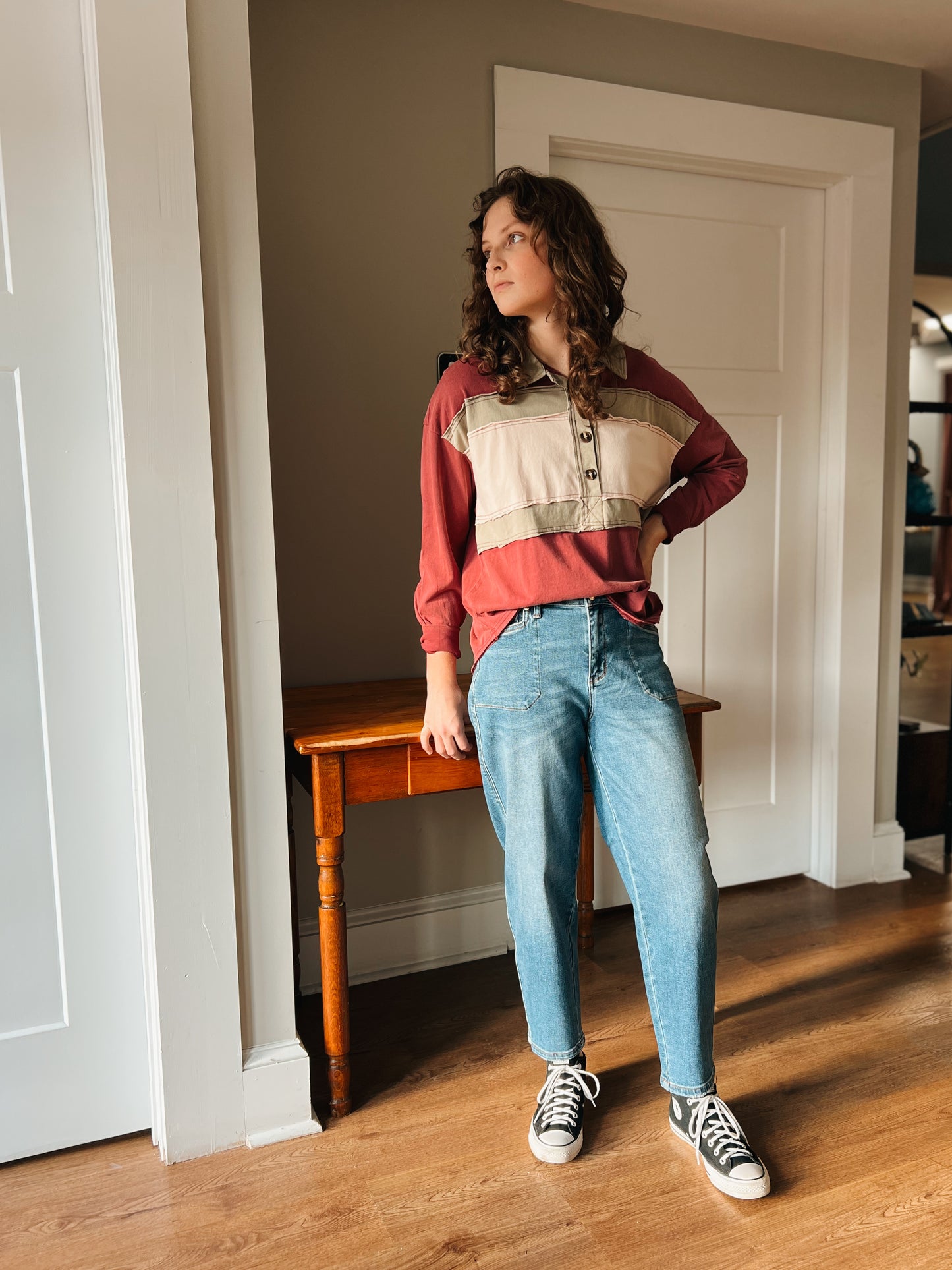 Plum Crazy Collared Half Button Top