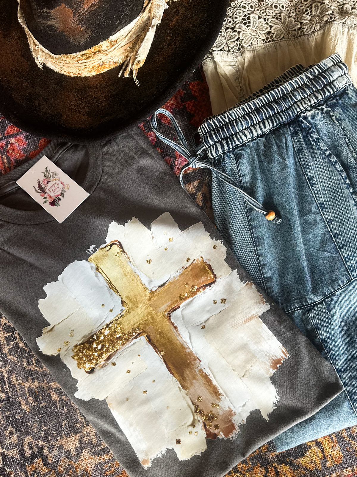 Faux Painted Gold Cross Tee