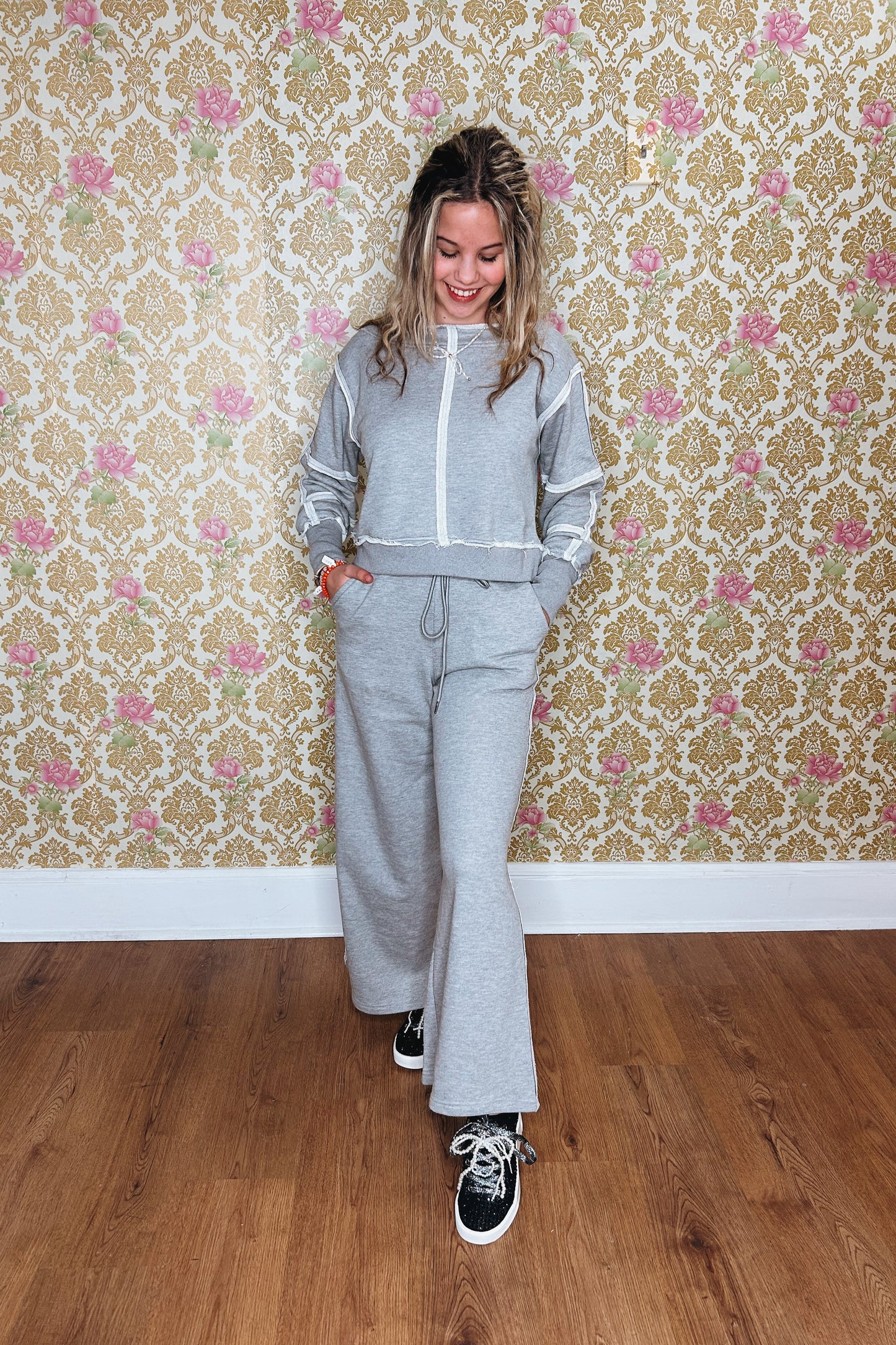 Grey Reverse Stitch Loose Neck Sweatshirt