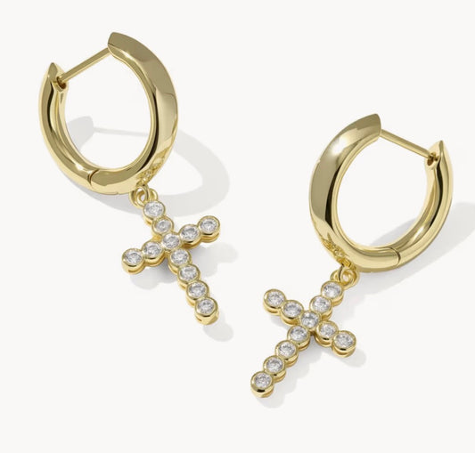 Cross Crystal Huggie Earrings Gold