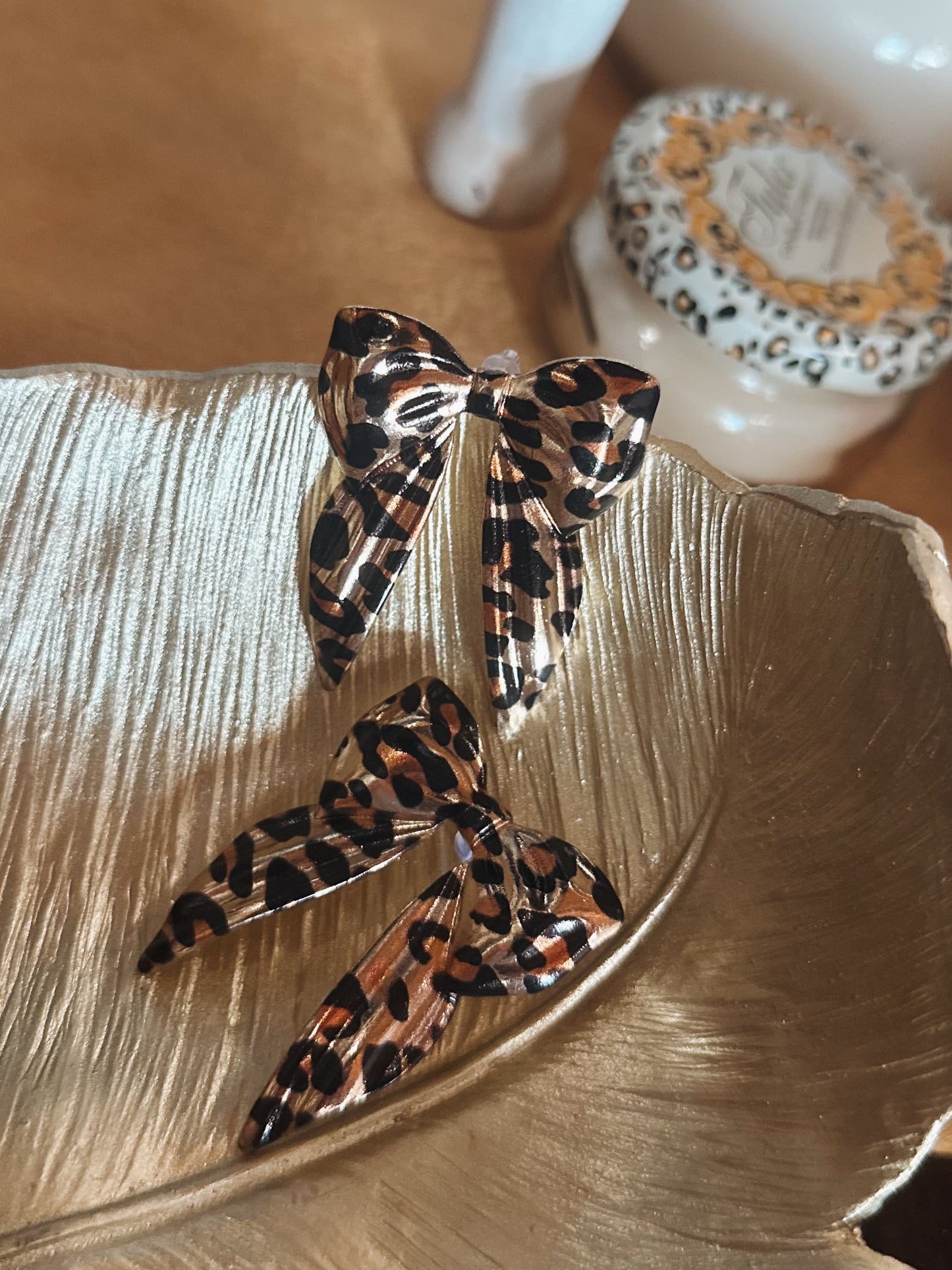 Gold Leopard Print Bow Earrings