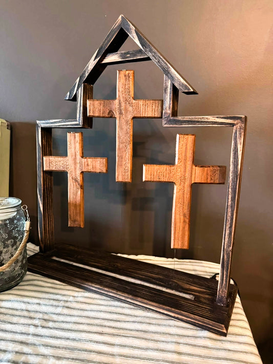 Three Wooden Crosses Floating Display