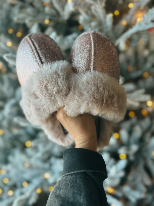 Glitzy in Rose Gold Slippers