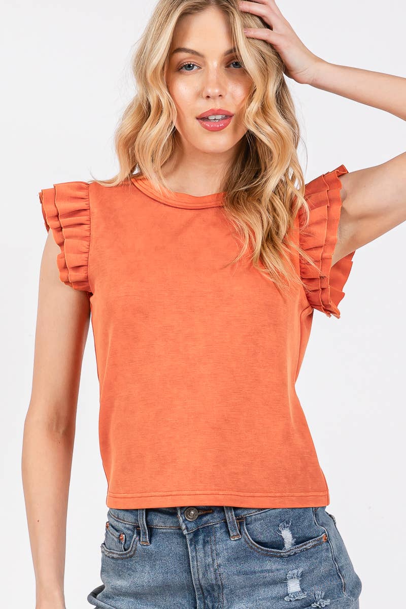 Apricot Mineral Washed Ruffle Sleeve Blouse