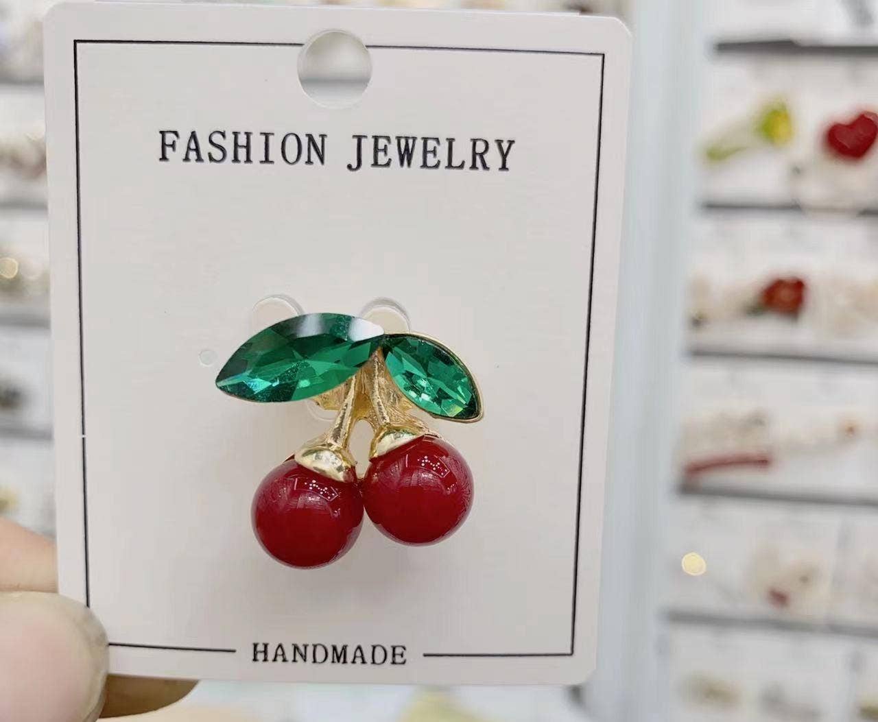 Rhinestone Cherry Brooch