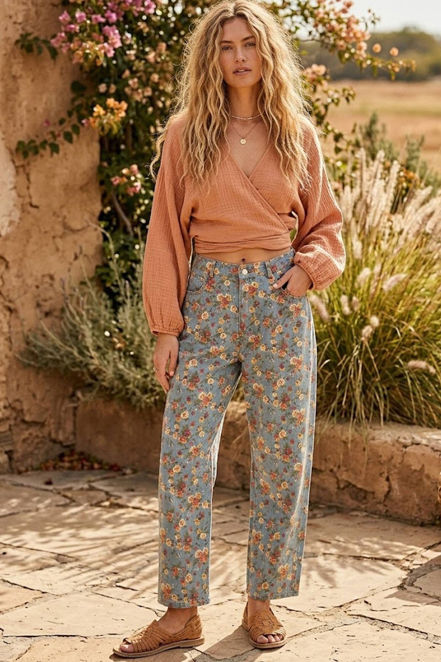 Mineral Washed Floral Denim Barrel Pants