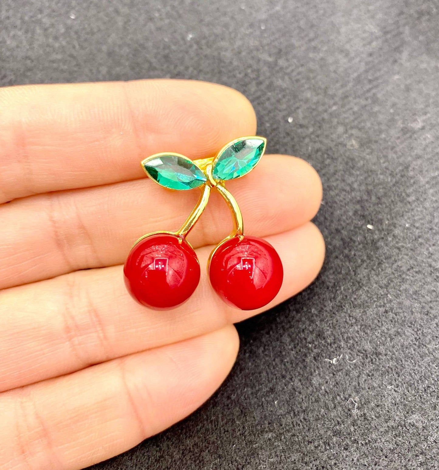 Rhinestone Cherry Brooch