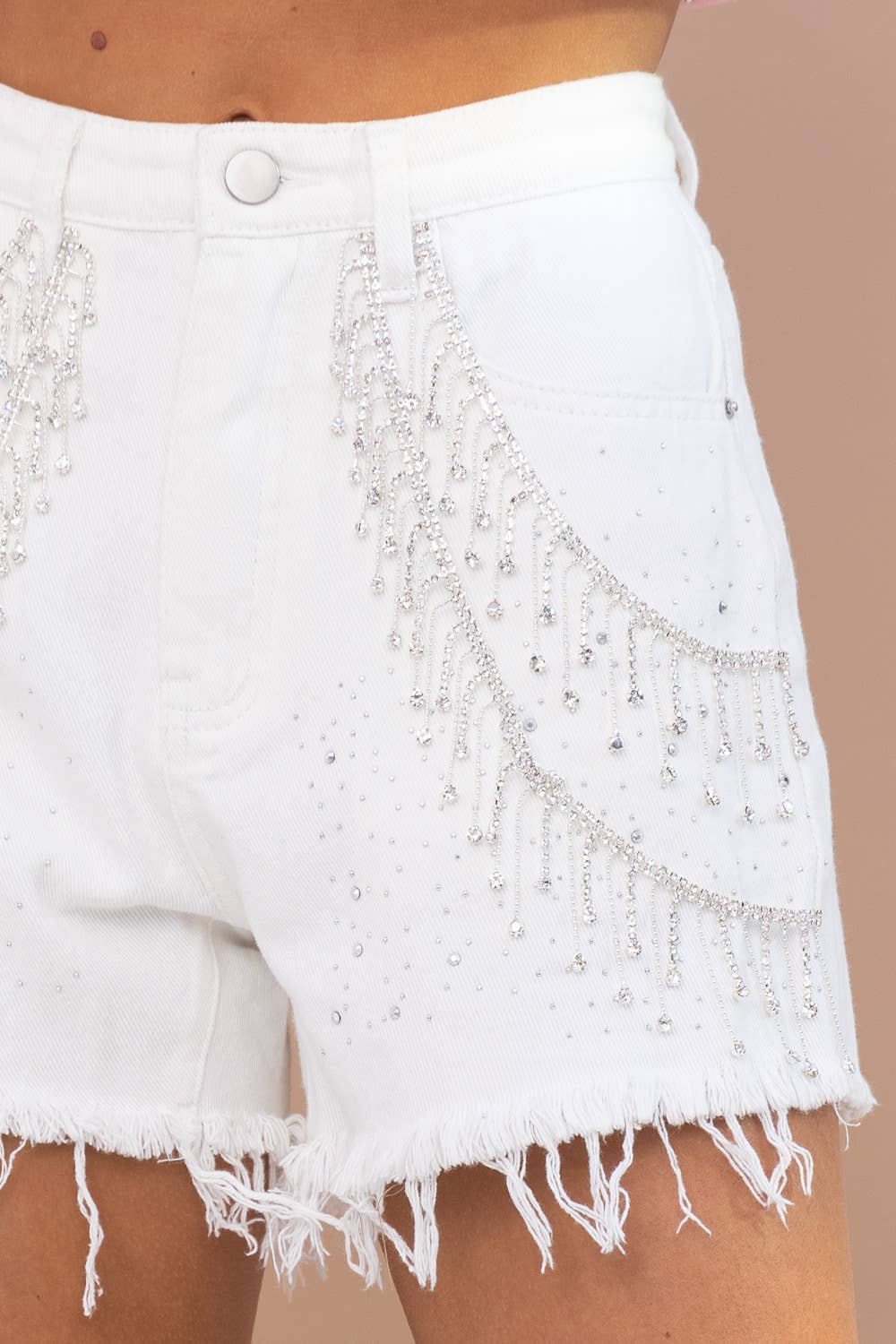 Sprinkle Gem Double Rhinestone Fringe Denim Shorts